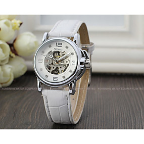 baratos Relógios Mecânicos-WINNER Mulheres Relógio Esqueleto Relógio de Pulso Automático - da corda automáticamente Couro Branco / Amarelo 30 m Gravação Oca Legal Analógico senhoras Brilhante Vintage Casual Fashion - Branco