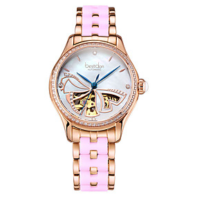 baratos Relógios Mecânicos-Best don Mulheres Relógio Esqueleto relógio mecânico Relogio Dourado Automático - da corda automáticamente Aço Inoxidável Cerâmica Branco / Rosa / Ouro Rose 50 m Impermeável Gravação Oca Fofo